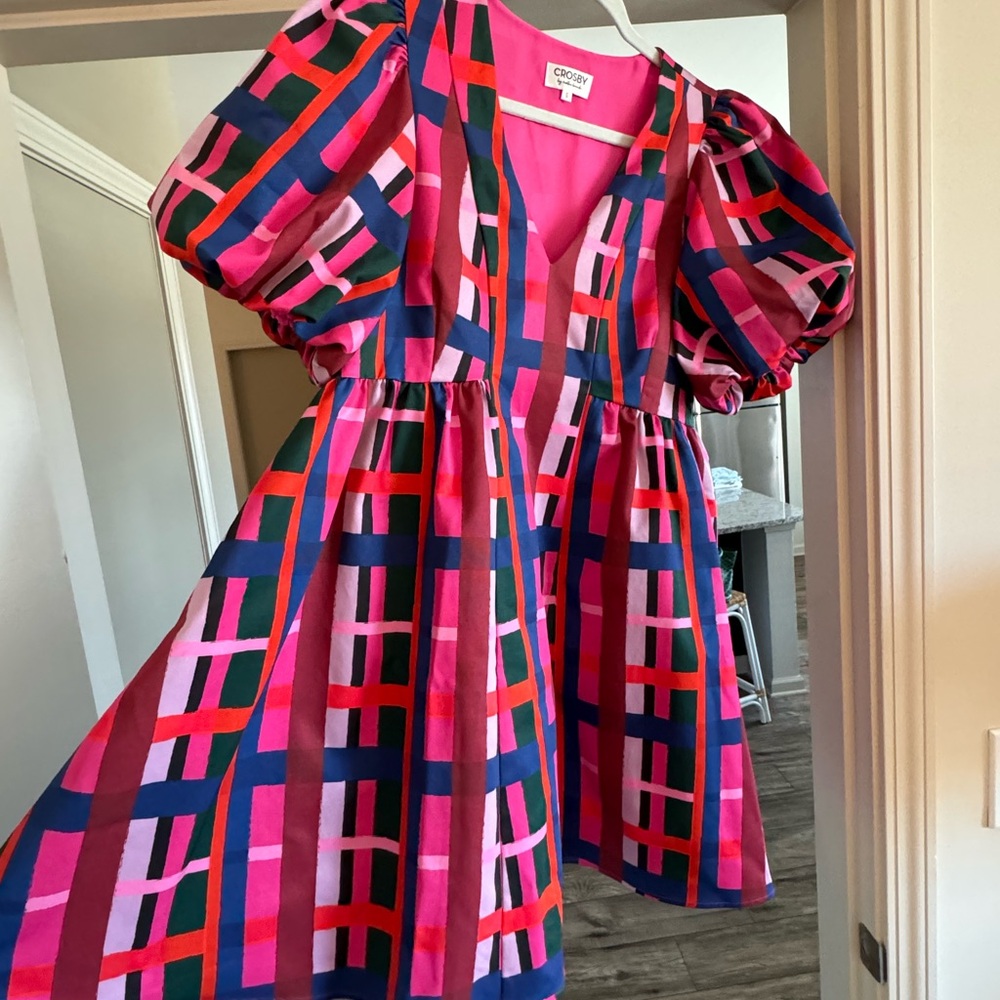 CROSBY by Mollie Burch Kirby Dress Pink and Red Midi Puff Sleeve